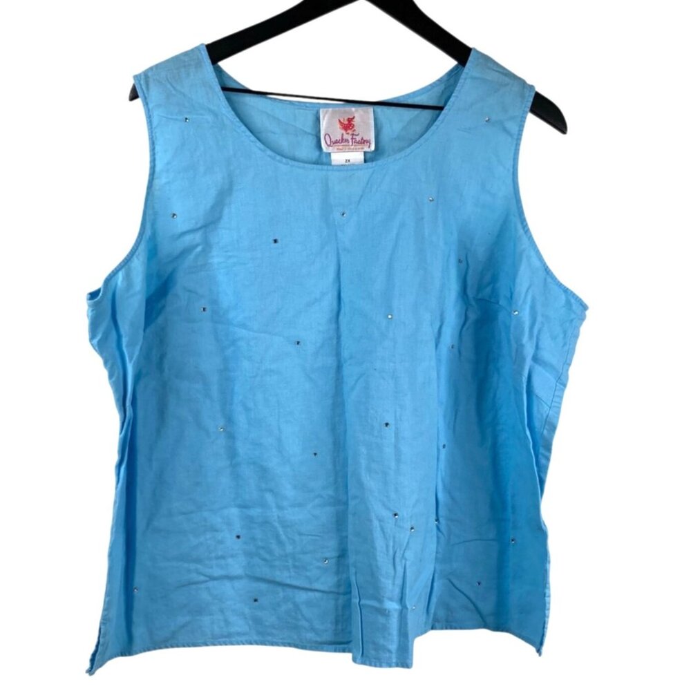 Quacker Factory Women Top Sleeveless Linen Blend Blue Sz 2X Rhinestones Boxy